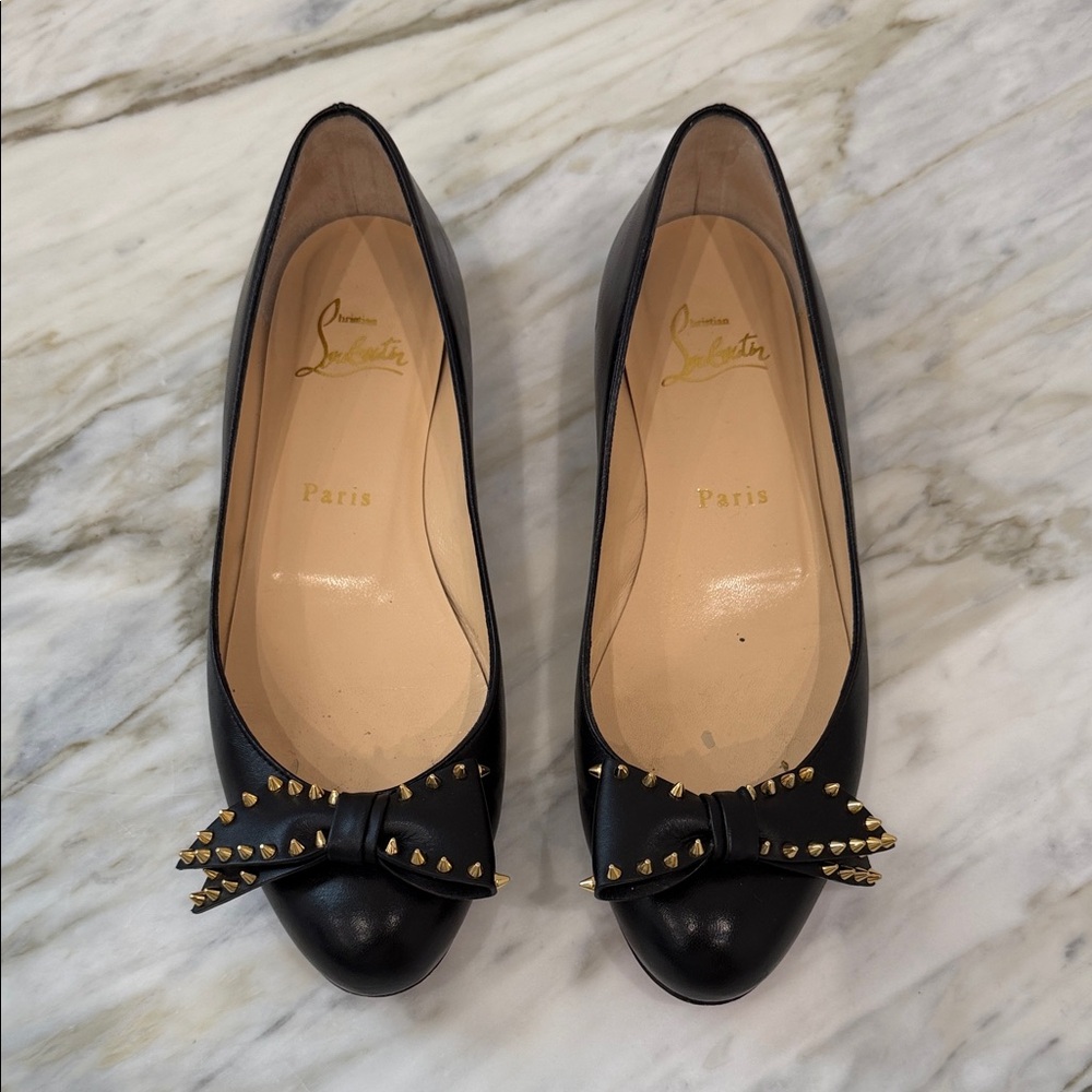 Christian Louboutin Black Flats with Gold Studded Bow